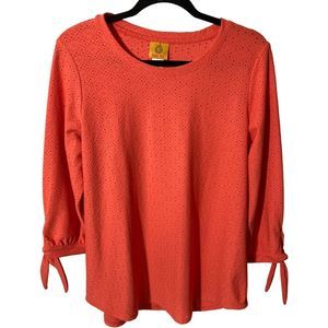 Ruby Rd. Womens Medium Salmon Pointelle Top 3/4 Tie Sleeve EUC